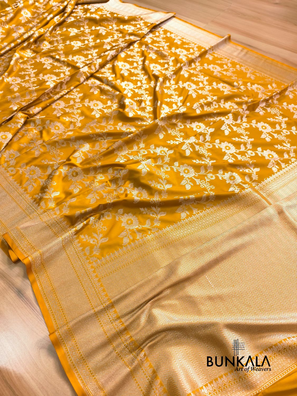 Mustard Yellow Jamewar Weaved Meena Floral Jaal Banarasi Mashru Silk Saree 