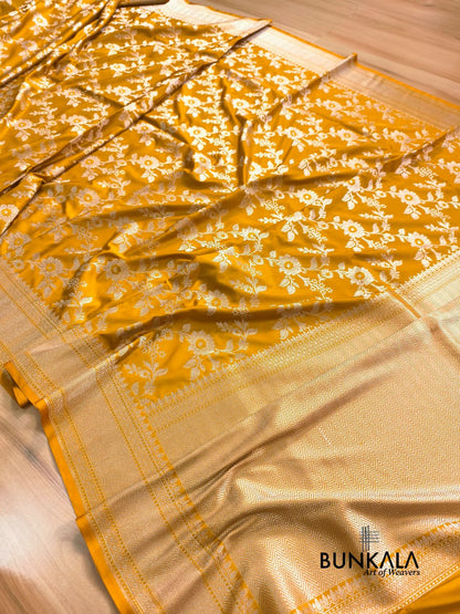 Mustard Yellow Jamewar Weaved Meena Floral Jaal Banarasi Mashru Silk Saree 