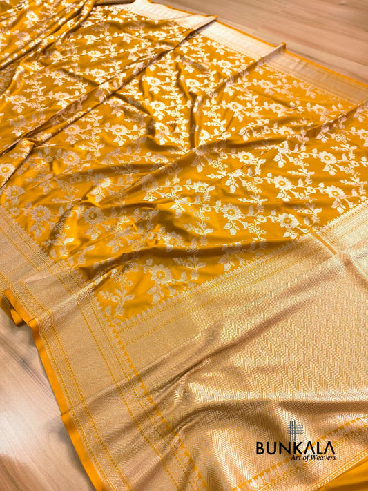 Mustard Yellow Jamewar Weaved Meena Floral Jaal Banarasi Mashru Silk Saree 