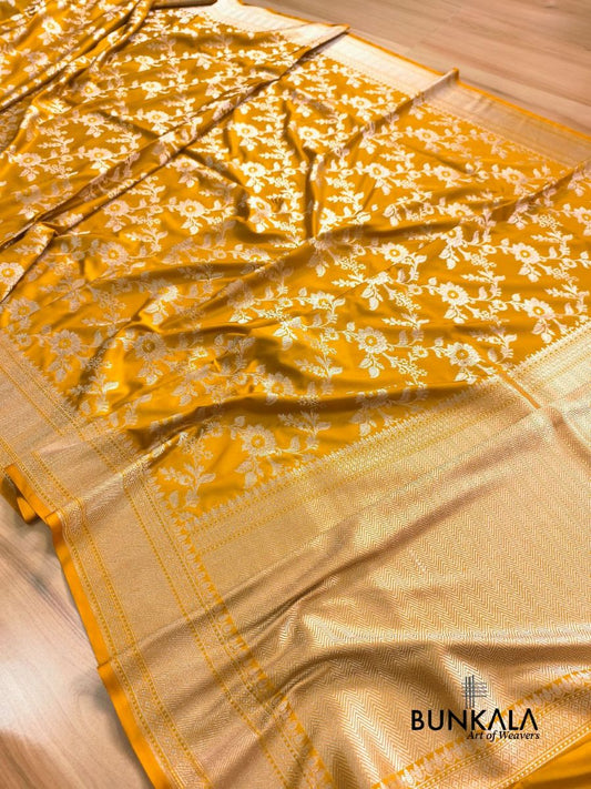 Mustard Yellow Jamewar Weaved Meena Floral Jaal Banarasi Mashru Silk Saree
