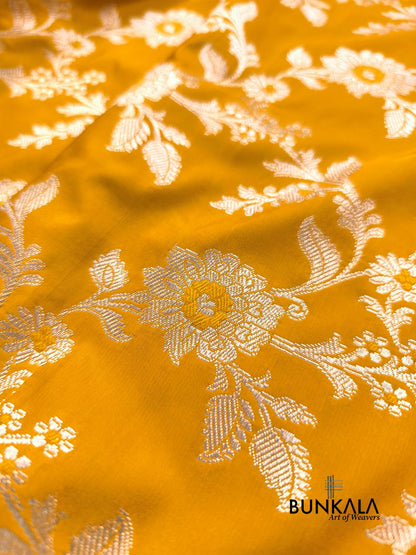 Mustard Yellow Jamewar Weaved Meena Floral Jaal Banarasi Mashru Silk Saree 
