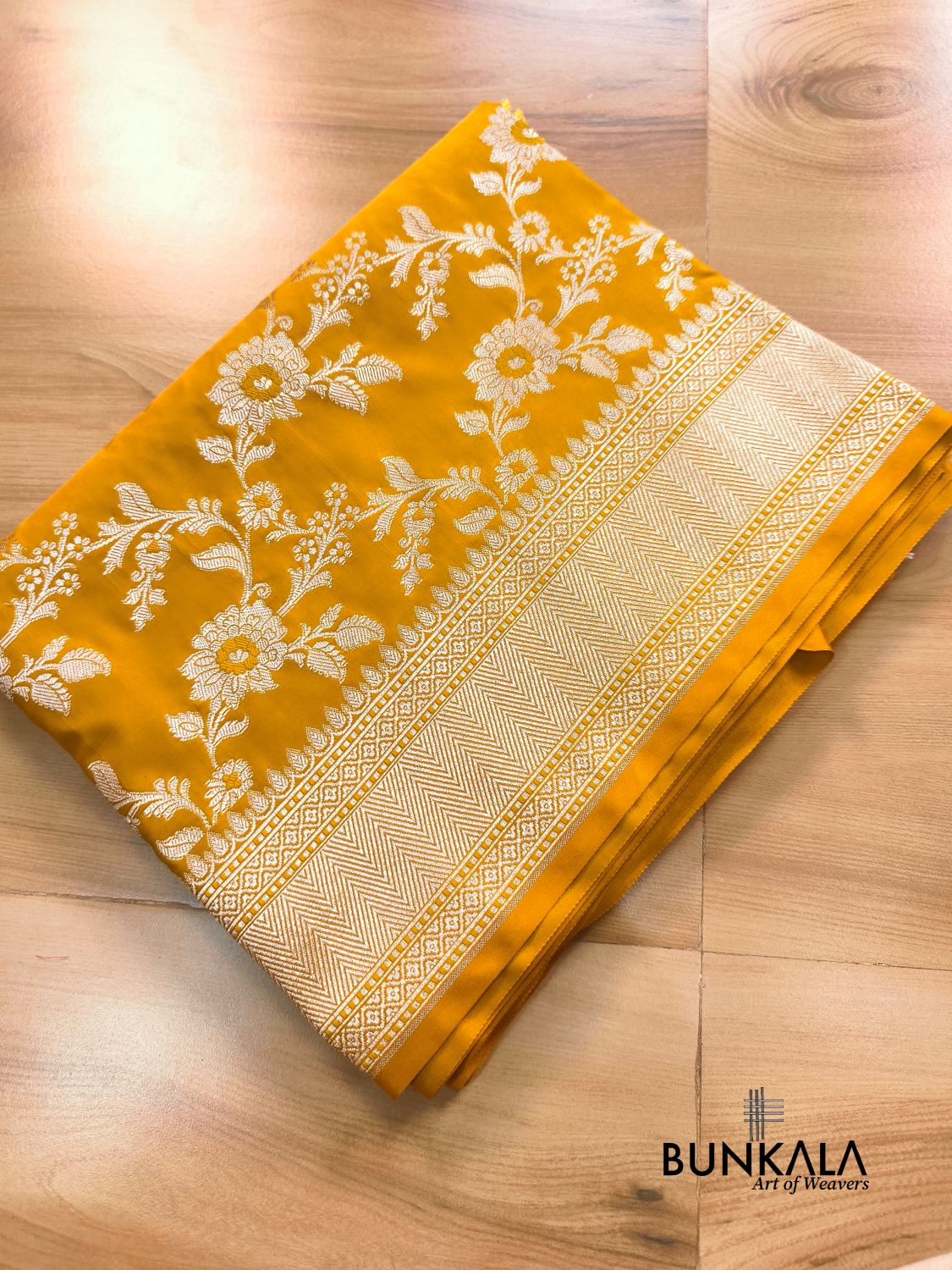 Mustard Yellow Jamewar Weaved Meena Floral Jaal Banarasi Mashru Silk Saree 