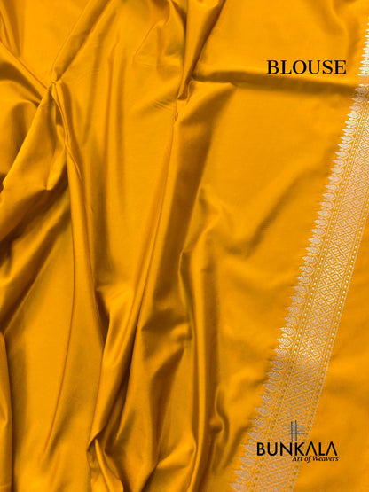 Mustard Yellow Jamewar Weaved Meena Floral Jaal Banarasi Mashru Silk Saree 