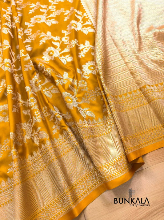 Mustard Yellow Jamewar Weaved Meena Floral Jaal Banarasi Mashru Silk Saree
