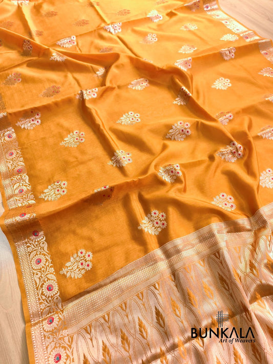 Mustard Yellow Meena Buta Pure Banarasi Mango Silk Saree 