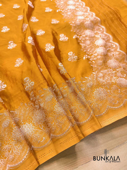 Mustard Yellow Vintage Silver Zari Banarasi Mashru Silk Saree