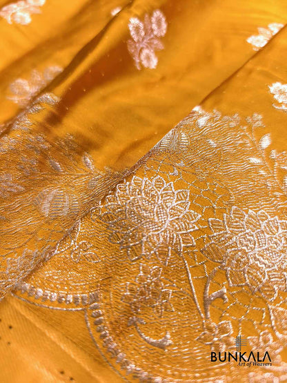 Mustard Yellow Vintage Silver Zari Banarasi Mashru Silk Saree
