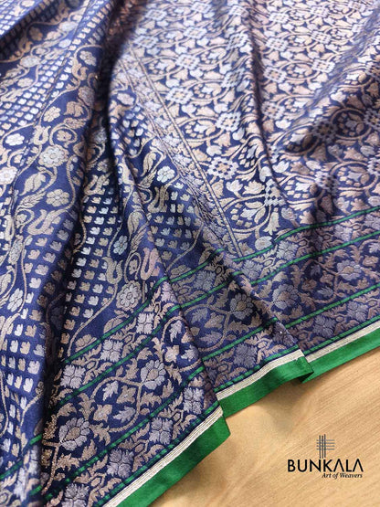 Navy Blue Ektara Banarasi Jamdani Weaved Silk Saree