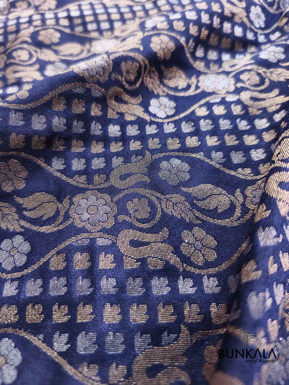 Navy Blue Ektara Banarasi Jamdani Weaved Silk Saree