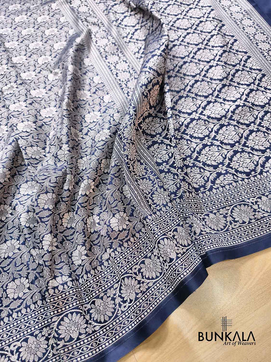 Navy Blue Ektara Banarasi Jamdani Weaved Silk Saree