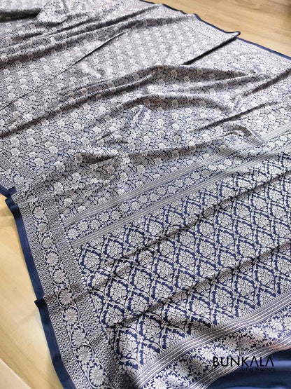 Navy Blue Ektara Banarasi Jamdani Weaved Silk Saree