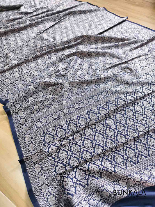 Navy Blue Ektara Banarasi Jamdani Weaved Silk Saree