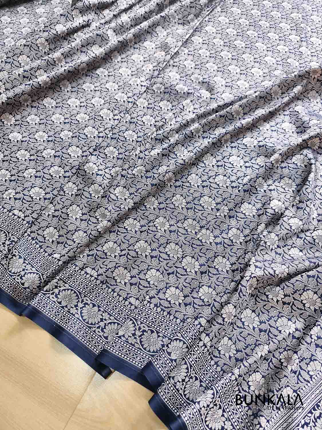 Navy Blue Ektara Banarasi Jamdani Weaved Silk Saree