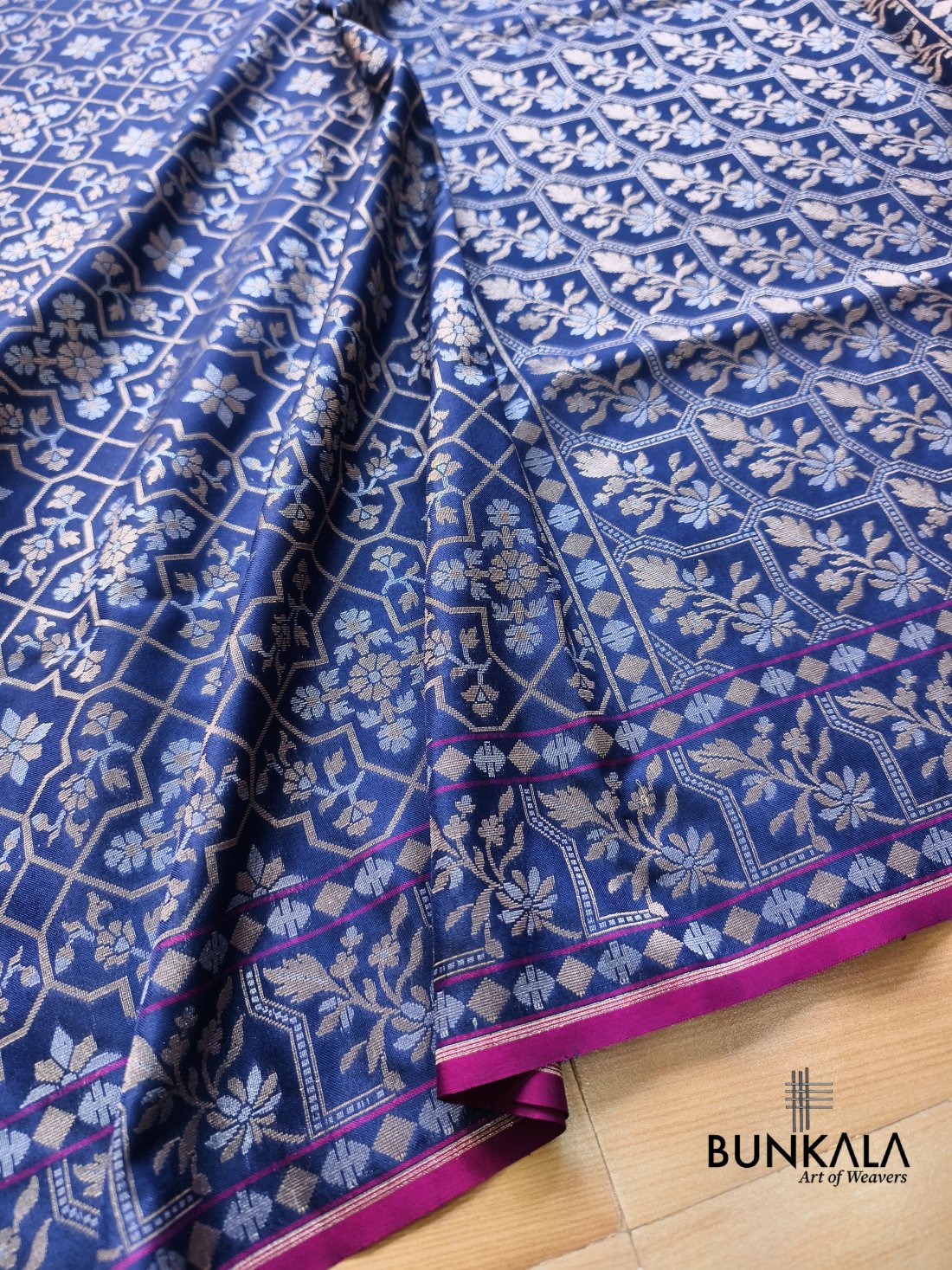 Navy Blue Ektara Banarasi Jamdani Weaved Silk Saree