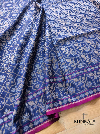 Navy Blue Ektara Banarasi Jamdani Weaved Silk Saree