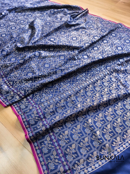 Navy Blue Ektara Banarasi Jamdani Weaved Silk Saree