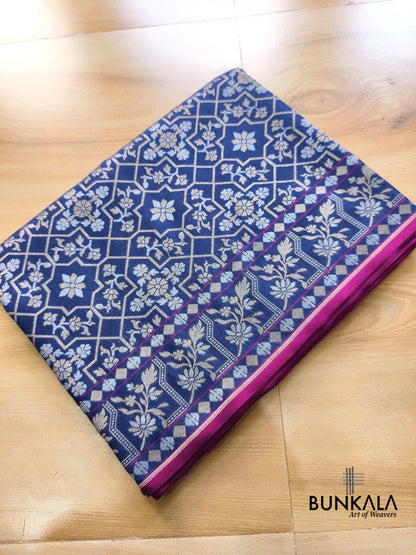 Navy Blue Ektara Banarasi Jamdani Weaved Silk Saree