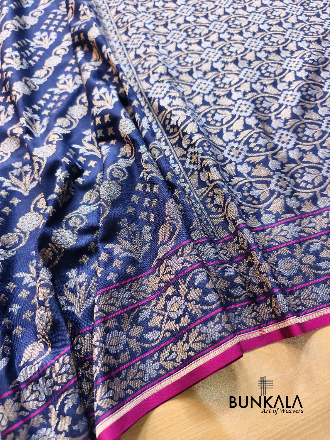 Navy Blue Ektara Banarasi Jamdani Weaved Silk Saree