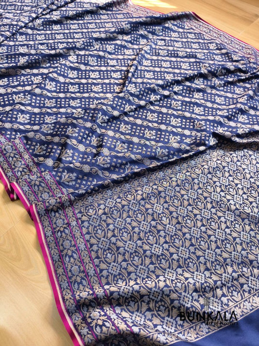 Navy Blue Ektara Banarasi Jamdani Weaved Silk Saree