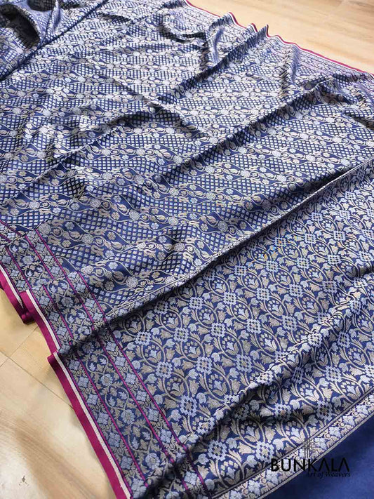 Navy Blue Ektara Banarasi Jamdani Weaved Silk Saree 