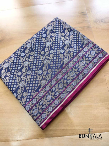 Navy Blue Ektara Banarasi Jamdani Weaved Silk Saree 