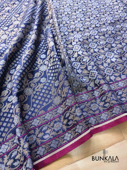 Navy Blue Ektara Banarasi Jamdani Weaved Silk Saree 
