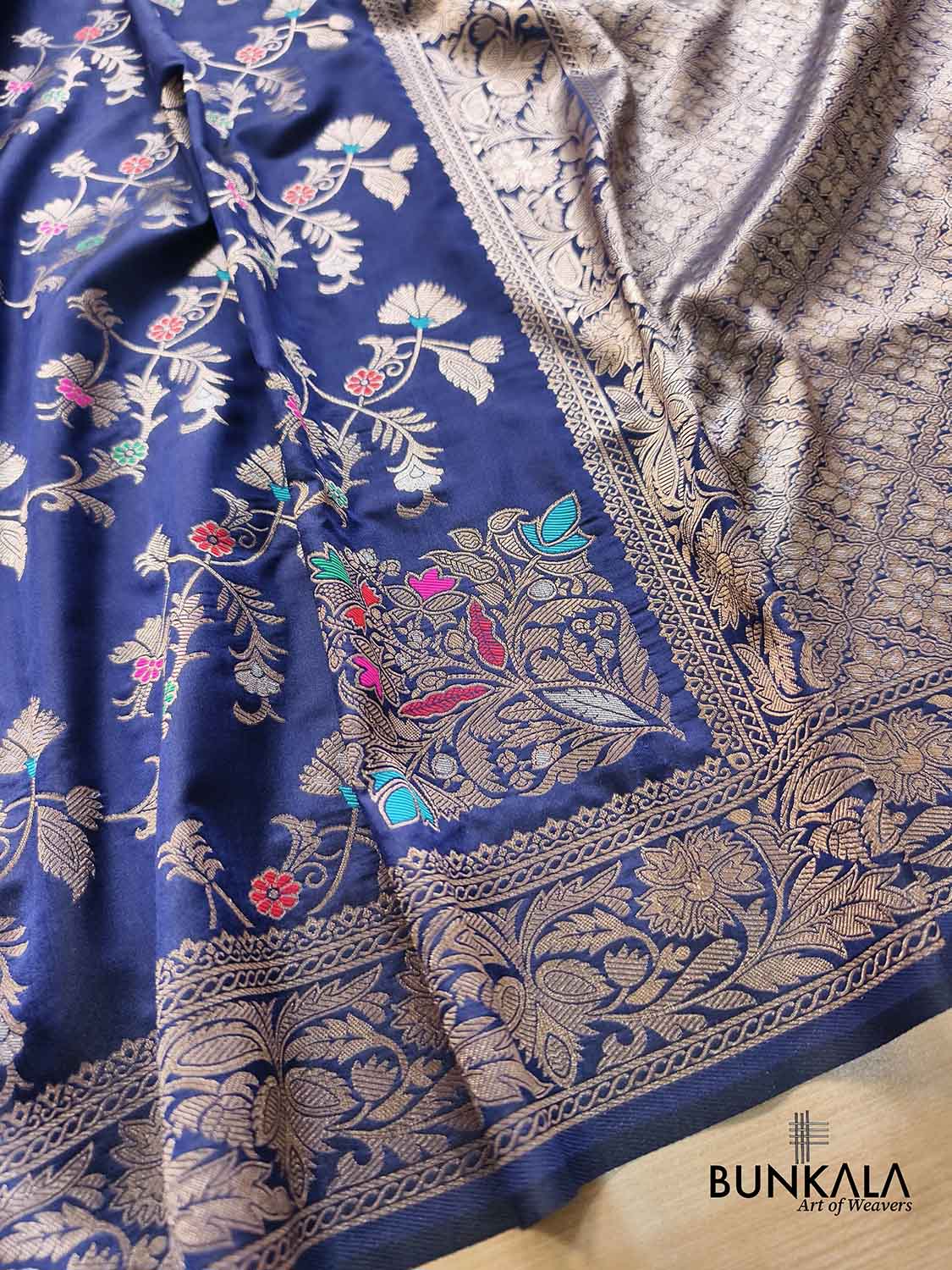 Navy Blue Floral Meenakari Banarasi Silk Saree
