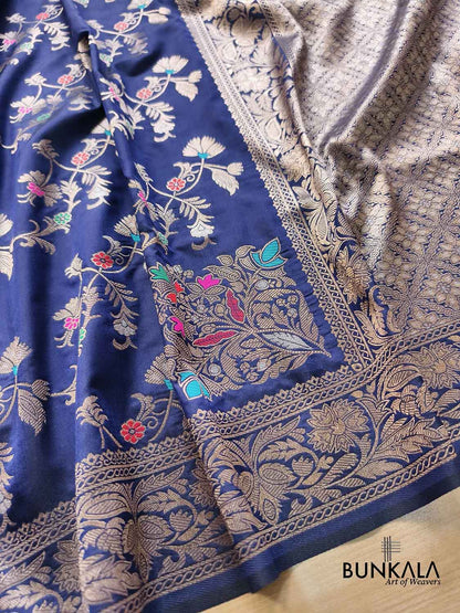 Navy Blue Floral Meenakari Banarasi Silk Saree