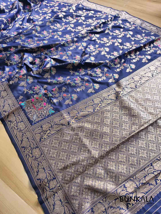 Navy Blue Floral Meenakari Banarasi Silk Saree