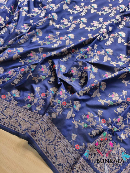 Navy Blue Floral Meenakari Banarasi Silk Saree