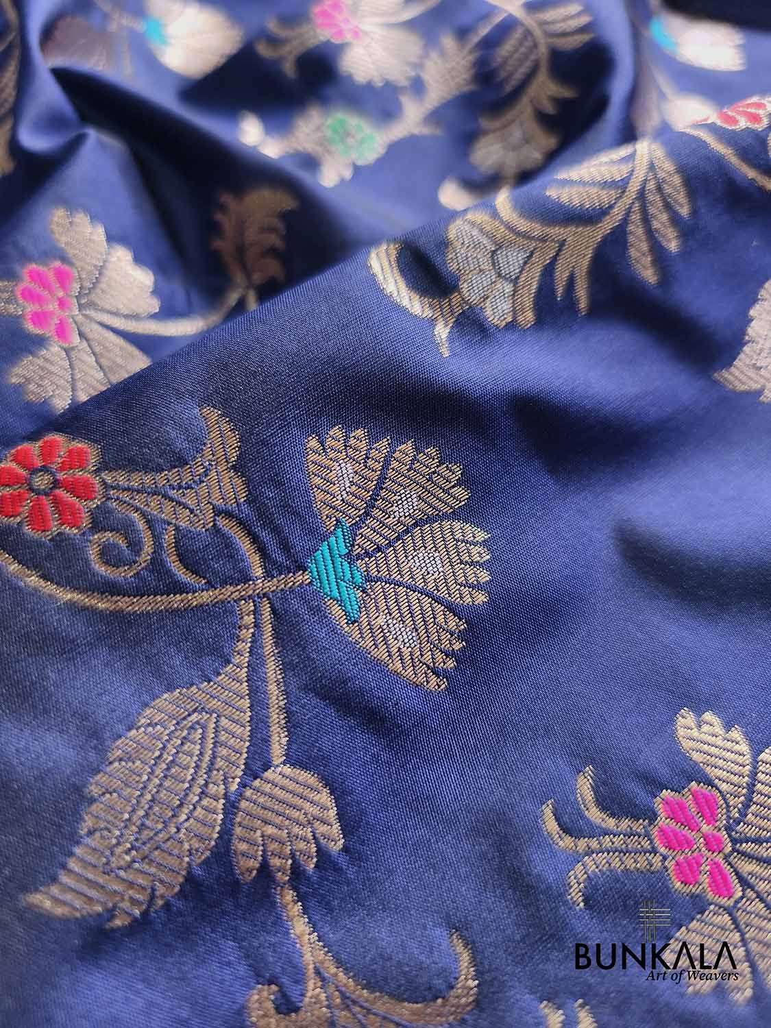 Navy Blue Floral Meenakari Banarasi Silk Saree