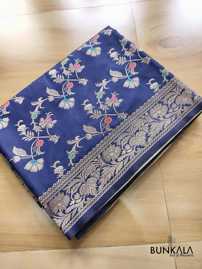 Navy Blue Floral Meenakari Banarasi Silk Saree