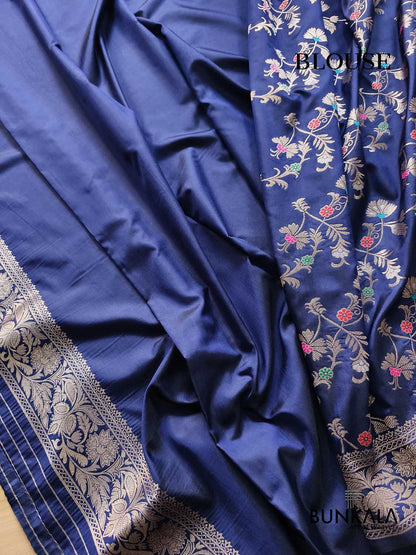 Navy Blue Floral Meenakari Banarasi Silk Saree