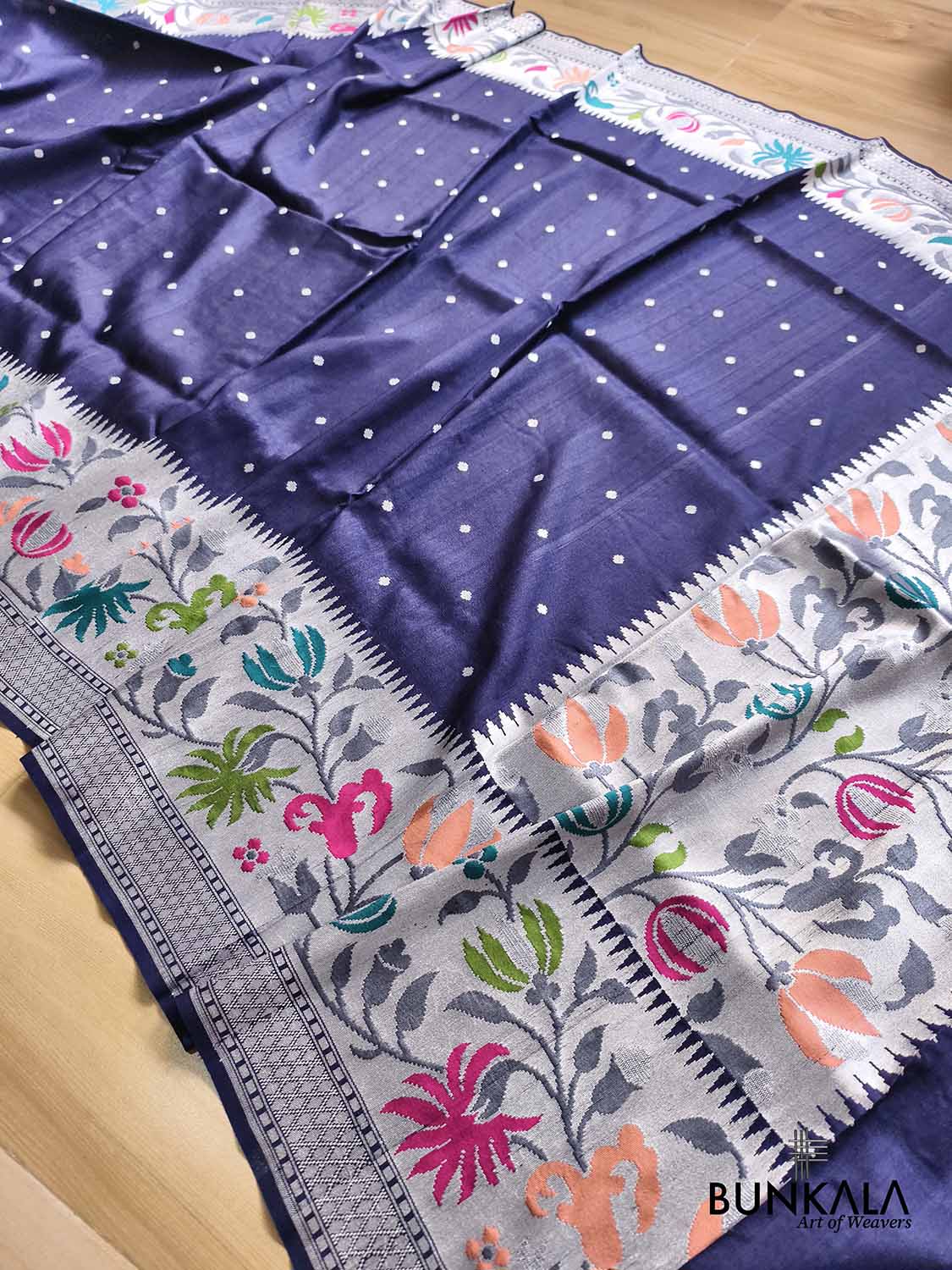 Navy Blue Silver Zari Meenakari Border Handloom Banarasi Pure Tussar Silk Saree