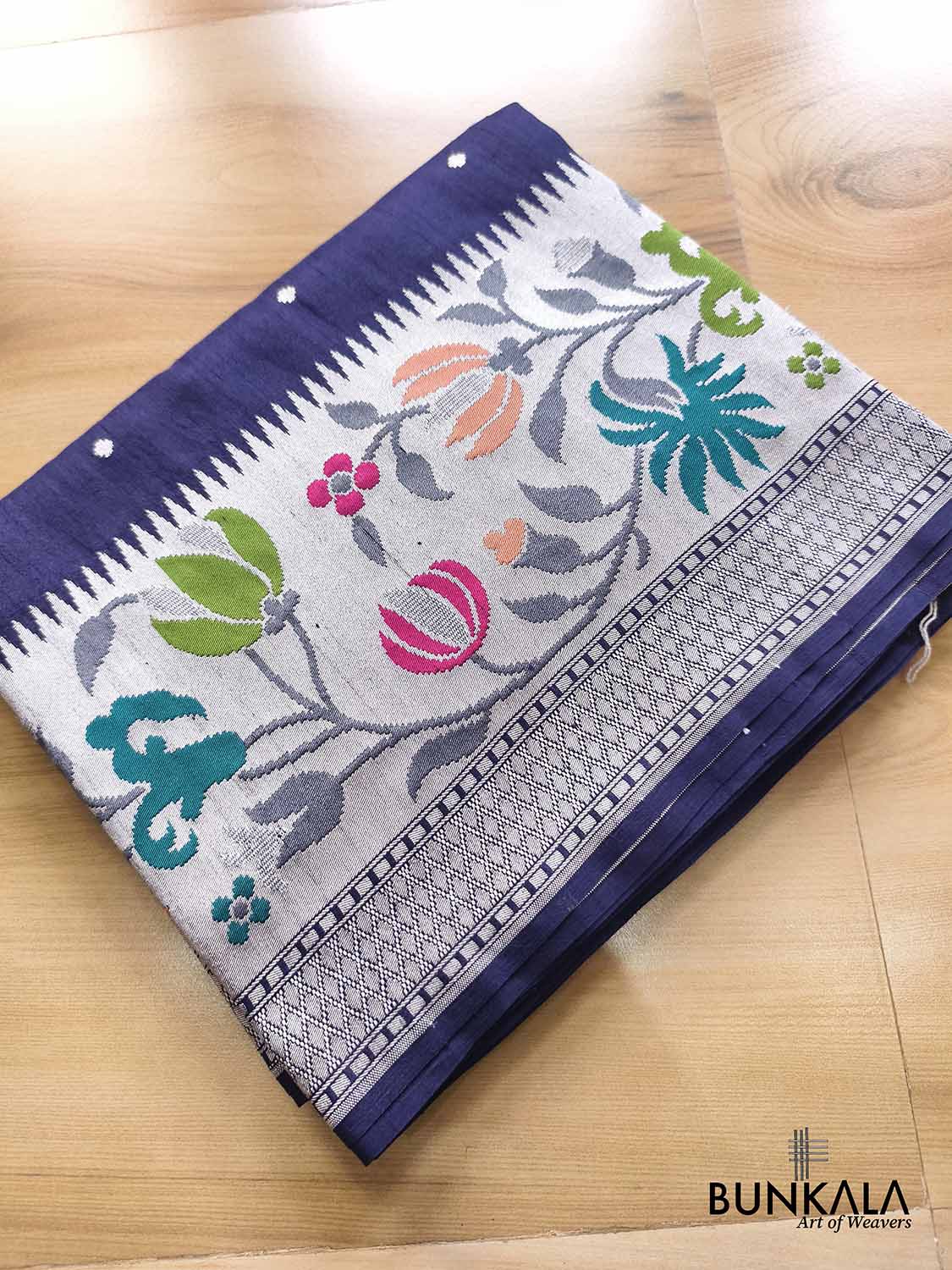 Navy Blue Silver Zari Meenakari Border Handloom Banarasi Pure Tussar Silk Saree