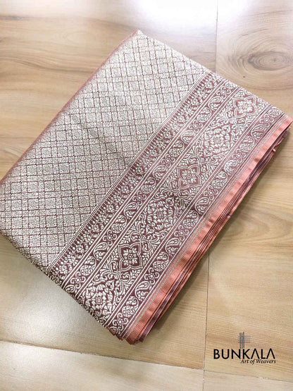 Nude Peach Shade Brocade Weaved Banarasi Mashru Silk Saree