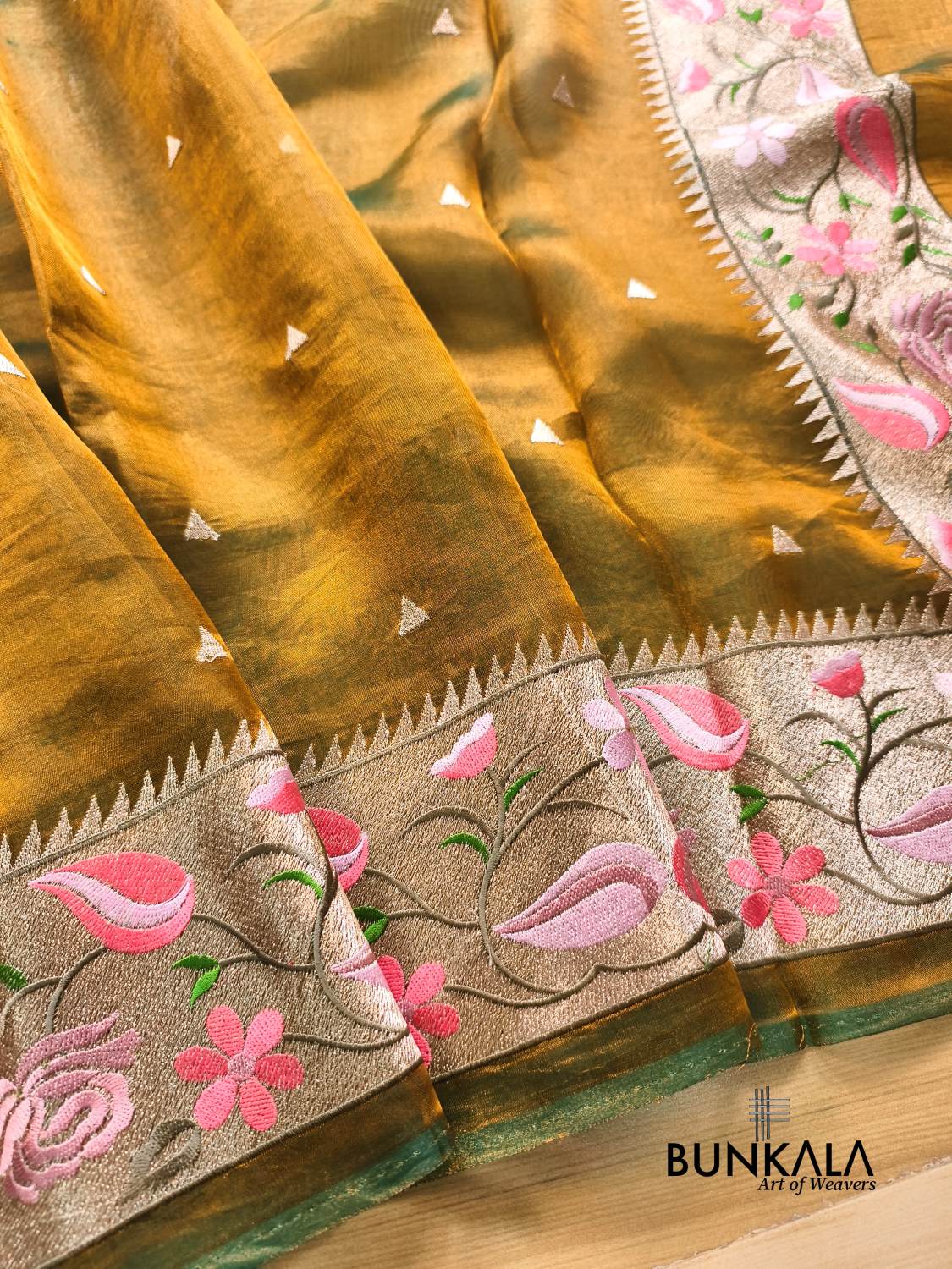 Olive Gold Multicolour Paithani Border Banarasi Embroidery Tissue Silk Saree