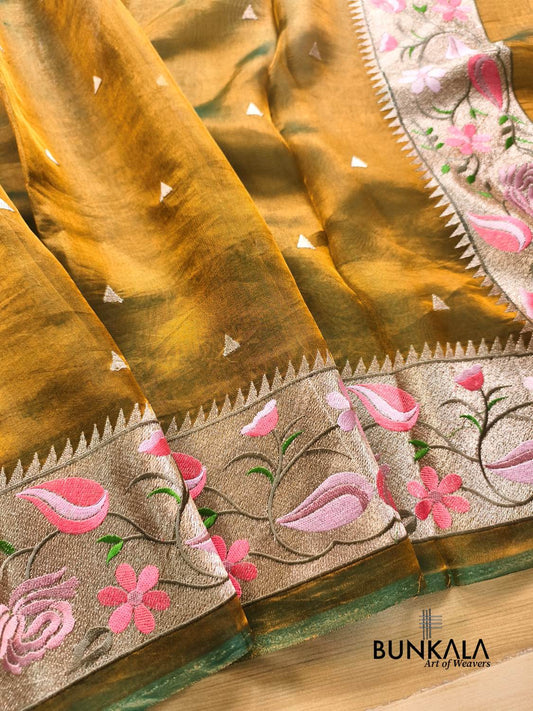 Olive Gold Multicolour Paithani Border Banarasi Embroidery Tissue Silk Saree