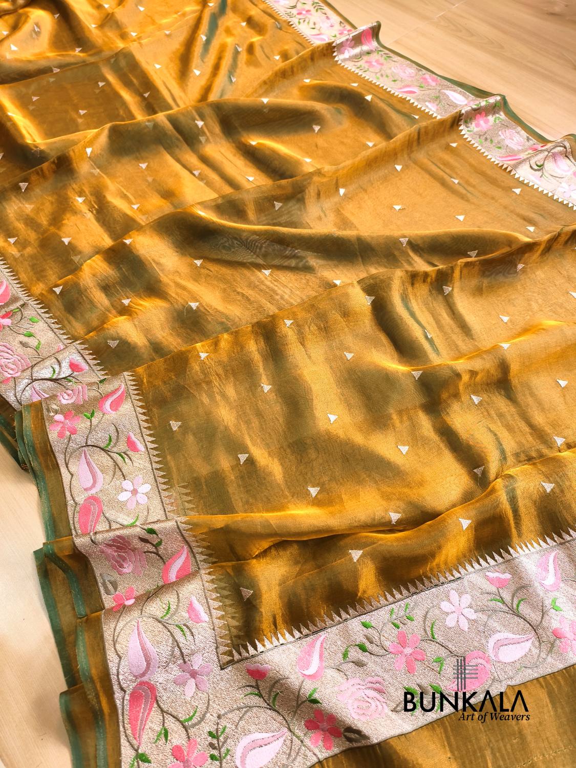 Olive Gold Multicolour Paithani Border Banarasi Embroidery Tissue Silk Saree
