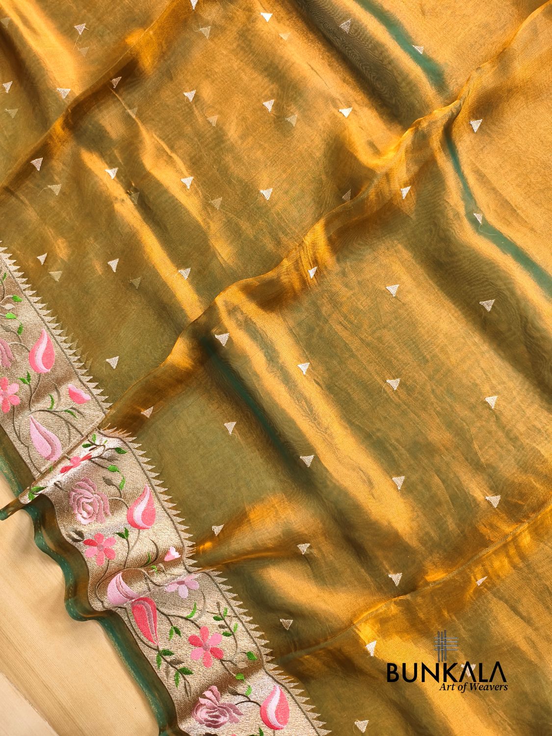 Olive Gold Multicolour Paithani Border Banarasi Embroidery Tissue Silk Saree