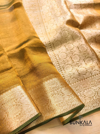 Olive Gold Plain Handloom Banarasi Pure Tissue Silk Saree 
