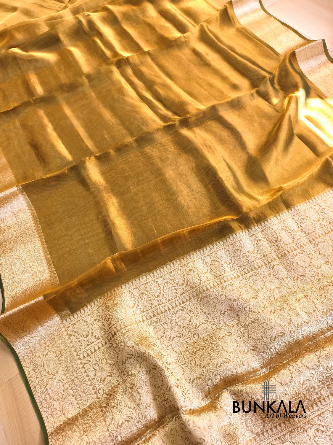 Olive Gold Plain Handloom Banarasi Pure Tissue Silk Saree 