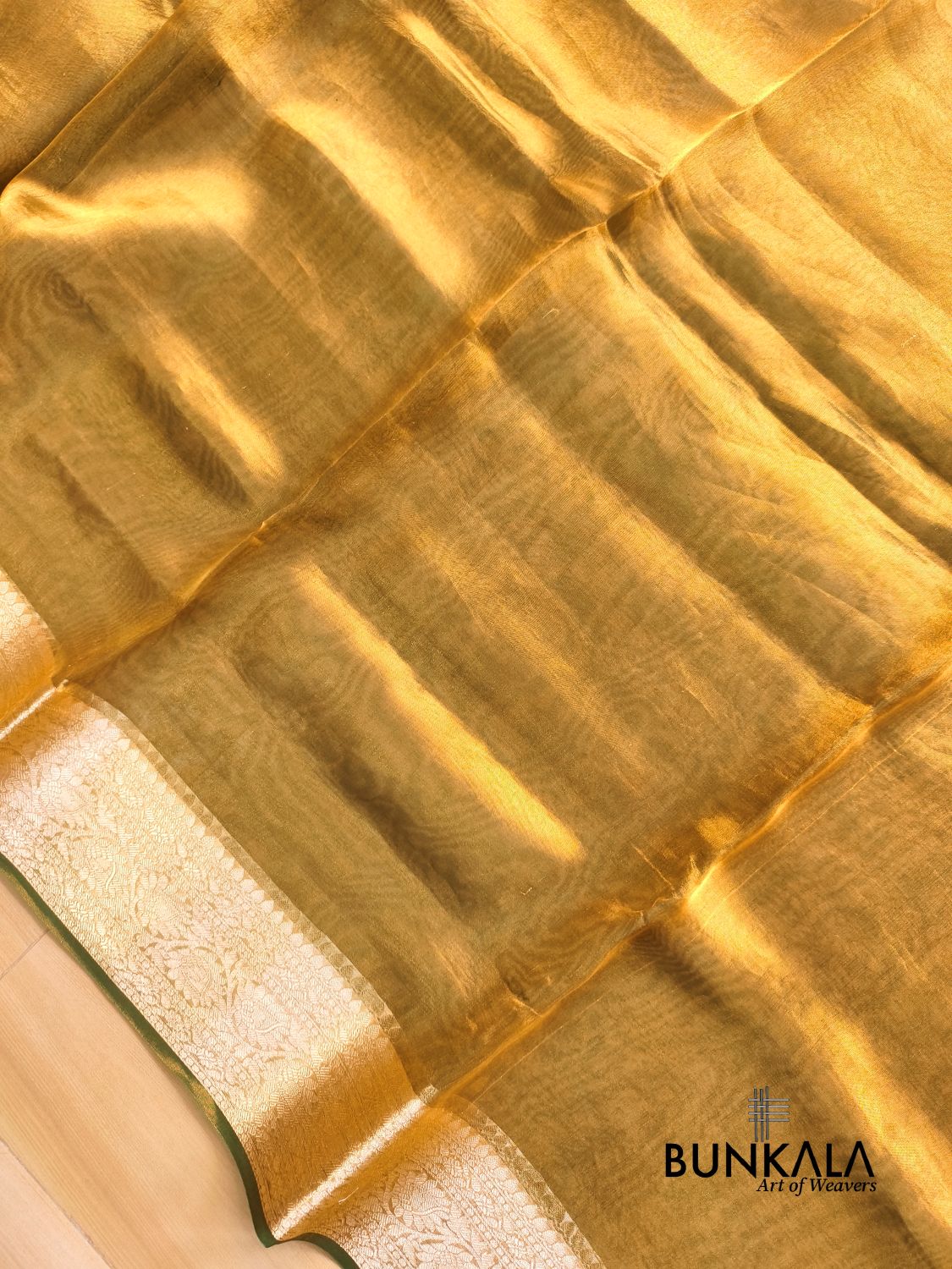 Olive Gold Plain Handloom Banarasi Pure Tissue Silk Saree 