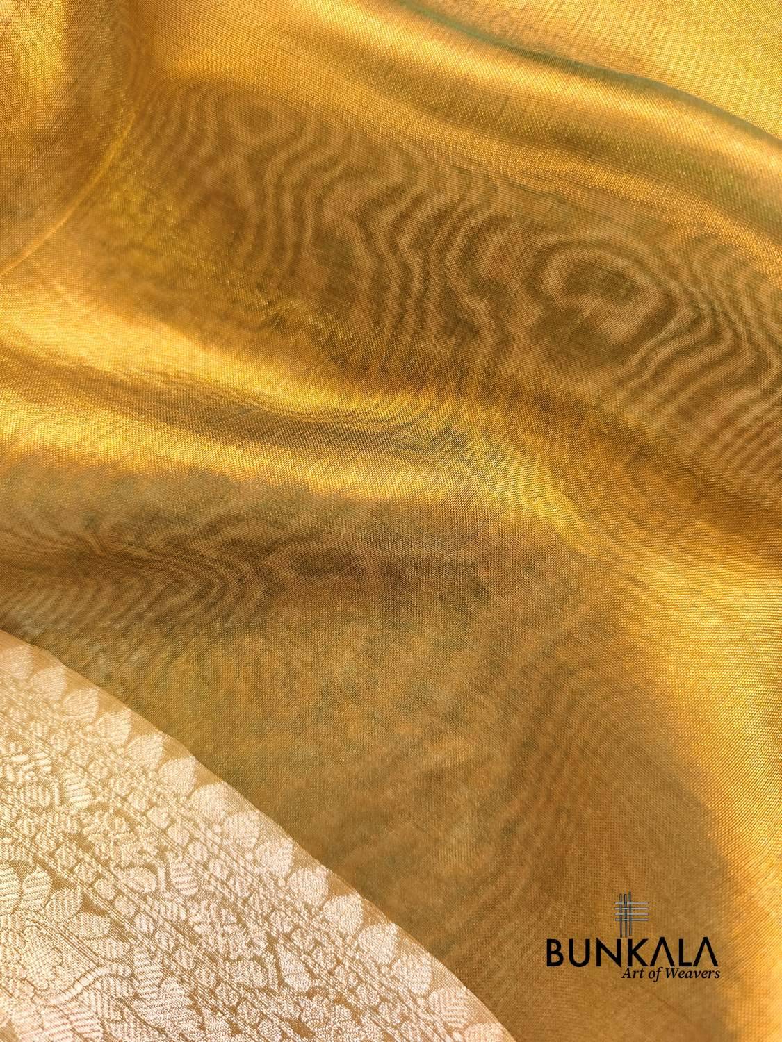 Olive Gold Plain Handloom Banarasi Pure Tissue Silk Saree 