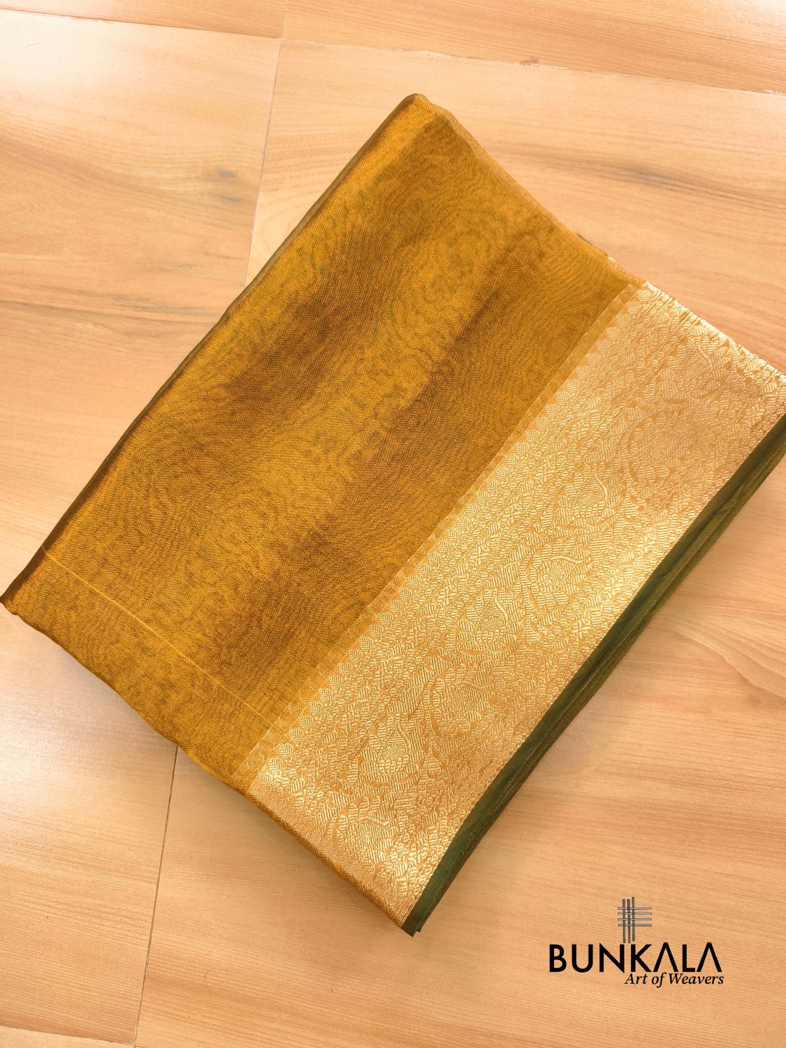 Olive Gold Plain Handloom Banarasi Pure Tissue Silk Saree 