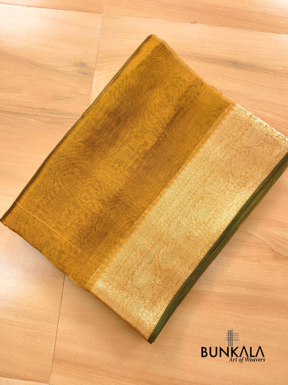 Olive Gold Plain Handloom Banarasi Pure Tissue Silk Saree 