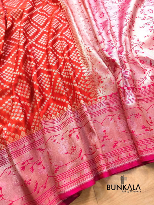 Orange Ektara Banarasi Jamdani Geometric Weaved Silk Saree