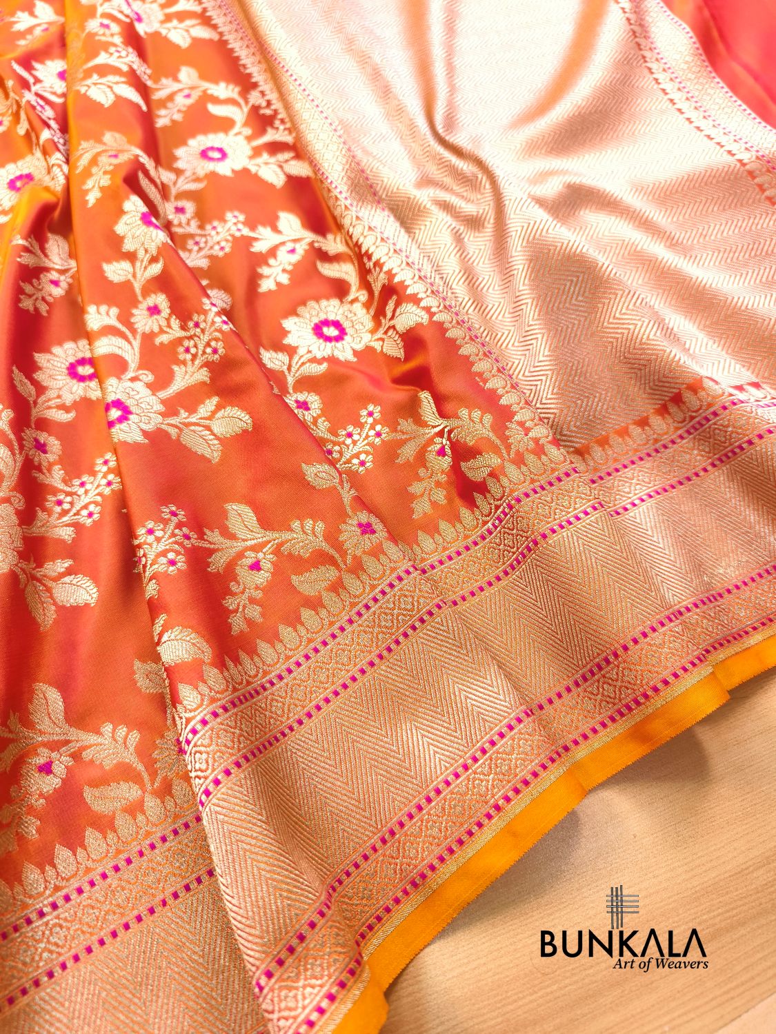 Orange Jamewar Weaved Meena Floral Jaal Banarasi Mashru Silk Saree 