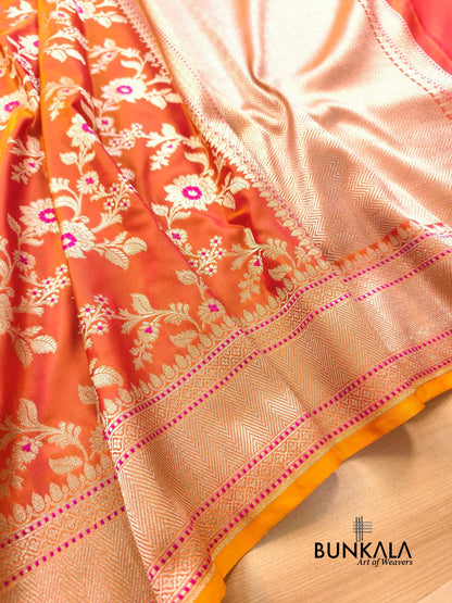 Orange Jamewar Weaved Meena Floral Jaal Banarasi Mashru Silk Saree 