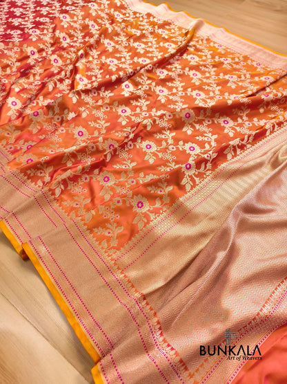Orange Jamewar Weaved Meena Floral Jaal Banarasi Mashru Silk Saree 